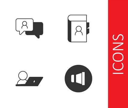 Set Speaker volume, Speech bubble chat, Video conference and Phone book icon. Stock Illustration