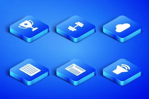 Set Speaker volume, Trophy cup, Paper or financial check, Notebook, Dumbbell and Stock Illustration