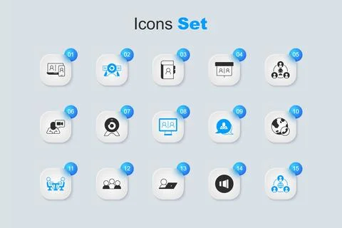 Set Speaker volume, Web camera, Meeting, Video chat conference,  and  icon... Stock Illustration