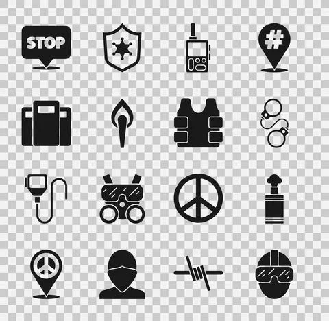 Set Special forces soldier Hand grenade Handcuffs Walkie talkie Torch flame P Stock Illustration