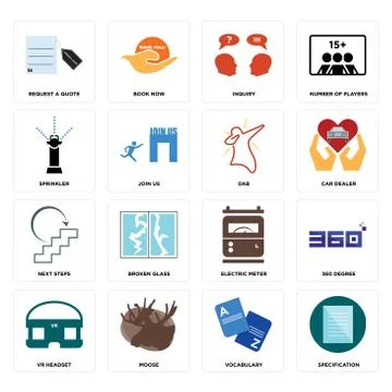 Set of specification, vocabulary, vr headset, electric meter, next steps, dab 무료 스톡 일러스트
