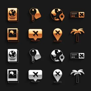 Set Speech bubble with airplane, Airline ticket, Tropical palm tree, Plane Stock Illustration
