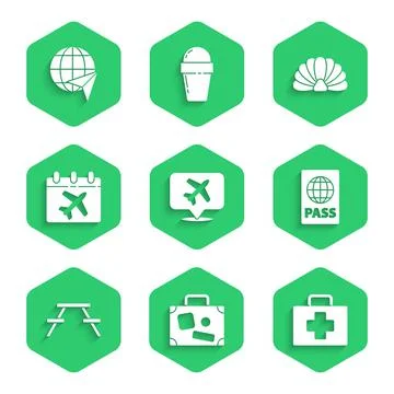 Set Speech bubble with airplane, Suitcase, First aid kit, Passport, Picnic table Stock Illustration
