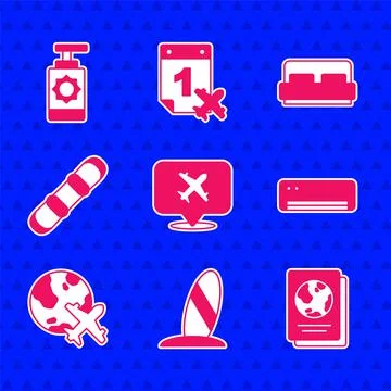 Set Speech bubble with airplane, Surfboard, Passport, Air conditioner, Globe Stock Illustration