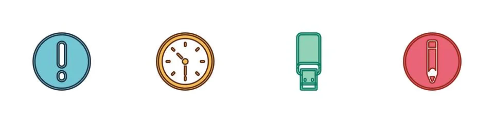 Set Speech bubble and Exclamation, Clock, USB flash drive and Pencil icon Stock Illustration