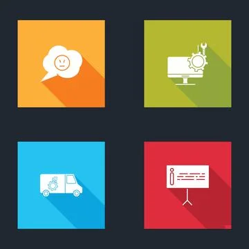 Set Speech bubble with angry smile, Computer monitor service, Car and Informa Illustrazione stock