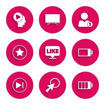 Set Like in speech bubble, Arrow cursor, Battery charge level indicator, Fast Illustrazione stock