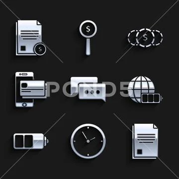 Set Speech bubble chat, Clock, File document, Battery charge level indicato.. Stock-Illustration