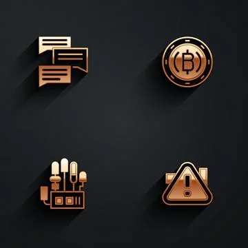 Set Speech bubble chat, Cryptocurrency coin Bitcoin, Mechanical robot hand and Illustrazione stock