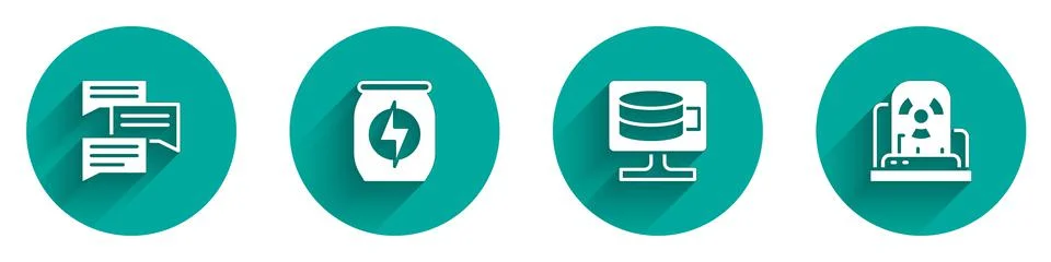 Set Speech bubble chat, Energy drink, Cloud database and Radioactive warning Stock Illustration