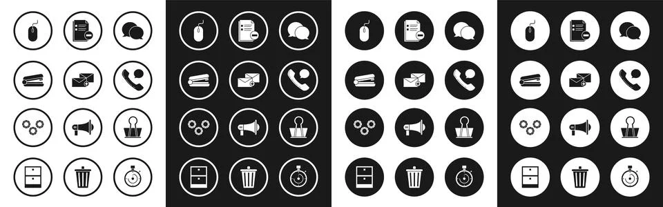 Set Speech bubble chat, Envelope, Office stapler, Computer mouse, Telephone.. 스톡 일러스트