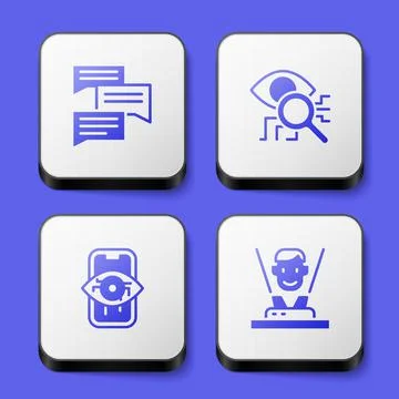 Set Speech bubble chat, Eye scan, Computer vision and Hologram icon. White Stock Illustration