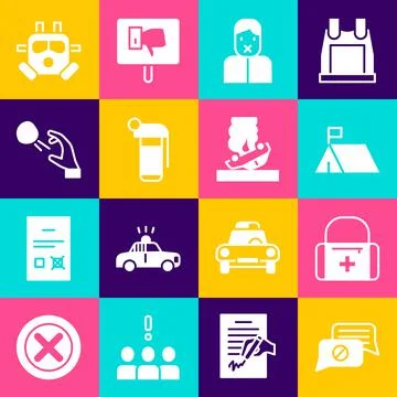 Set Speech bubble chat, First aid kit, Protest camp, Censor and freedom of Illustrazione stock