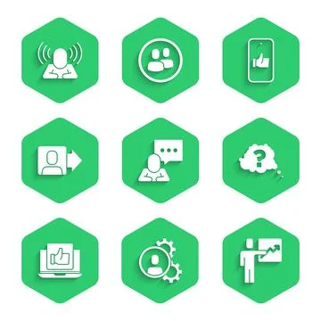 Set Speech bubble chat, Head hunting, Team leader, Question mark, Hand like,  Stock Illustration