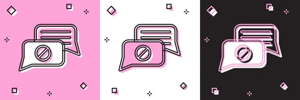 Set Speech bubble chat icon isolated on pink and white, black background. Mes Illustrazione stock