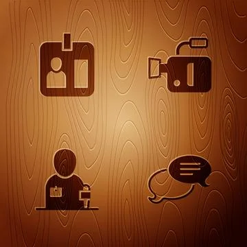 Set Speech bubble chat Journalist id card news and Cinema camera on wooden ba 库存插图