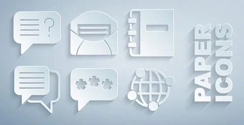 Set Speech bubble chat, Notebook, Global technology, Mail and e-mail and Unknown Stock Illustration