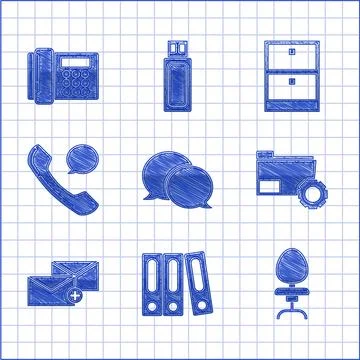 Set Speech bubble chat, Office folders with papers and documents, chair, Folder Stock Illustration