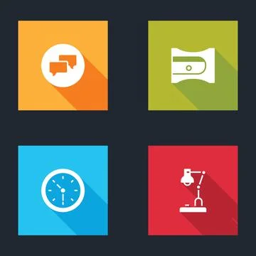 Set Speech bubble chat, Pencil sharpener, Clock and Table lamp icon. Vector Stock Illustration