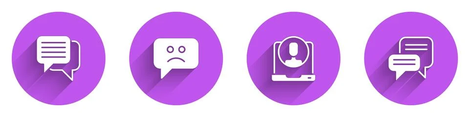 Set Speech bubble chat, Sad smile, Telephone 24 hours support and icon with long Stock Illustration