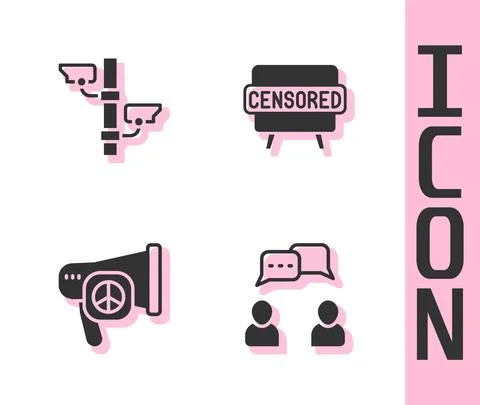 Set Speech bubble chat, Security camera, Peace and Censored stamp icon. Vector Stock Illustration