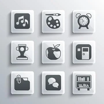 Set Speech bubble chat, Shelf with books, School classroom, Apple, Document Stock Illustration