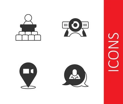 Set Speech bubble chat, Speaker, Video conference and Web camera icon. Vector 스톡 일러스트