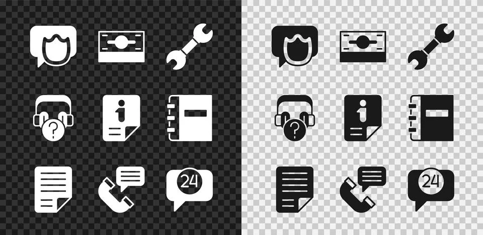 Set Speech bubble chat, Stacks paper money cash, Wrench spanner, File document 库存插图