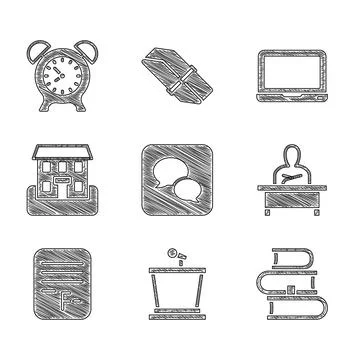 Set Speech bubble chat, Stage stand, Book, Schoolboy sitting desk, Exam paper Ilustración de archivo