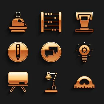 Set Speech bubble chat, Table lamp, Protractor grid, Light bulb, Chalkboard Stock Illustration