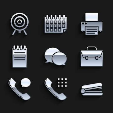 Set Speech bubble chat, Telephone handset, Office stapler, Briefcase, speech Illustrazione stock