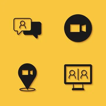 Set Speech bubble chat, Video conference, and icon with long shadow. Vector Stock Illustration