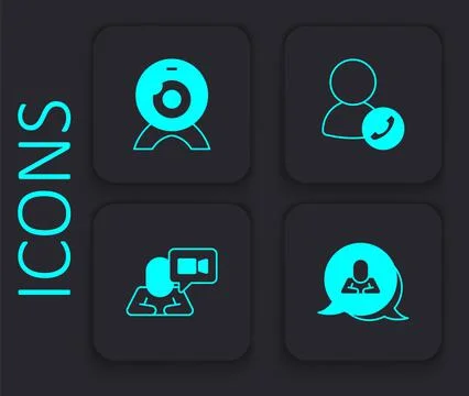 Set Speech bubble chat, Web camera, Video conference and  icon. Black square  Stockillustratie