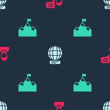 Set Speech bubble chat, Worldwide and Mountains with flag on seamless pattern Stock Illustration