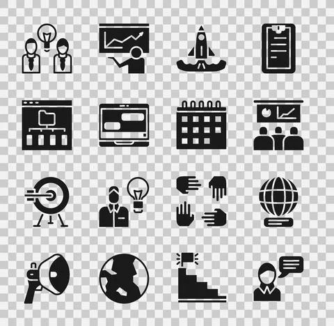 Set Speech bubble chat, Worldwide, Training, presentation, Rocket, Chat messa Stock Illustration