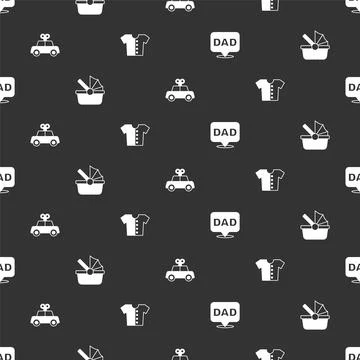 Set Speech bubble dad, Baby stroller, Toy car and t-shirt on seamless pattern Stock Illustration