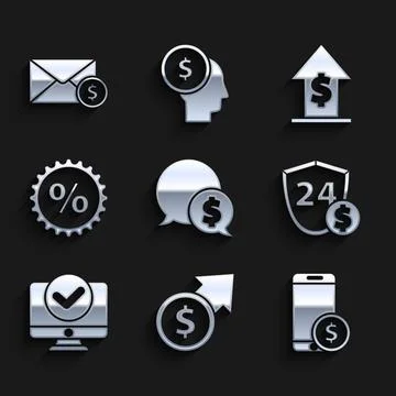 Set Speech bubble with dollar, Financial growth and coin, Smartphone, Shield Stock Illustration