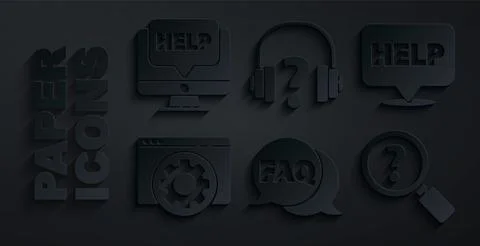 Set Speech bubble with FAQ, text Help, Browser setting, Unknown search Stock Illustration