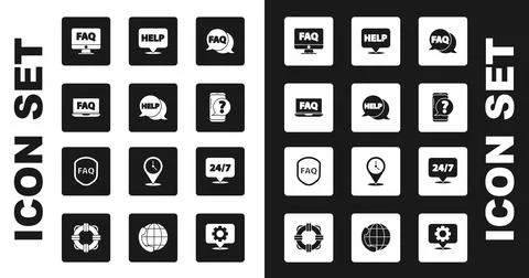 Set Speech bubble with FAQ, text Help, Laptop and, Computer monitor, Mobile Illustrazione stock