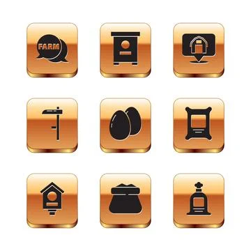Set Speech bubble with Farm, Bird house, Full sack, Chicken egg, Scythe Stock Illustration