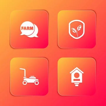 Set Speech bubble with Farm, Shield leaf, Lawn mower and Bird house icon. Vec Stock Illustration