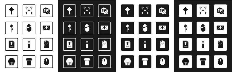Set Speech bubble with happy easter, Broken egg, Flower tulip, Christian cross Stock Illustration