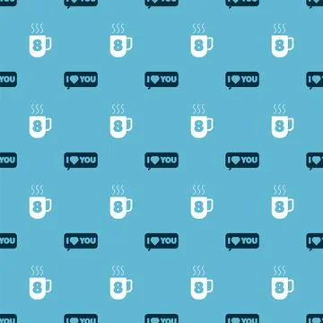 Set Speech bubble with I love you and Coffee cup with 8 March on seamless Stock Illustration