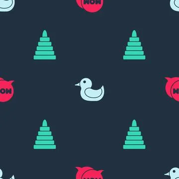 Set Speech bubble mom, Rubber duck and Pyramid toy on seamless pattern. Vector Stockillustratie