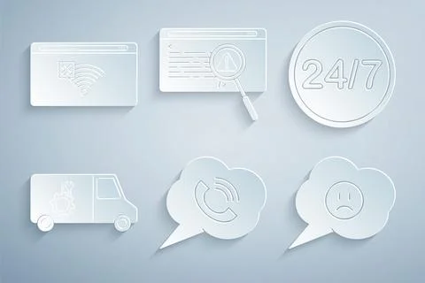 Set Speech bubble with phone call, Clock 24 hours, Car service, sad smile Stock Illustration