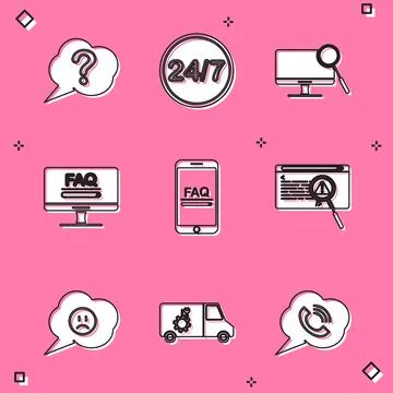 Set Speech bubble Question, Clock 24 hours, Computer monitor diagnostics Stock Illustration