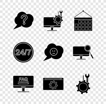 Set Speech bubble Question, Computer monitor service, Calendar, Monitor wit.. Illustrazione stock
