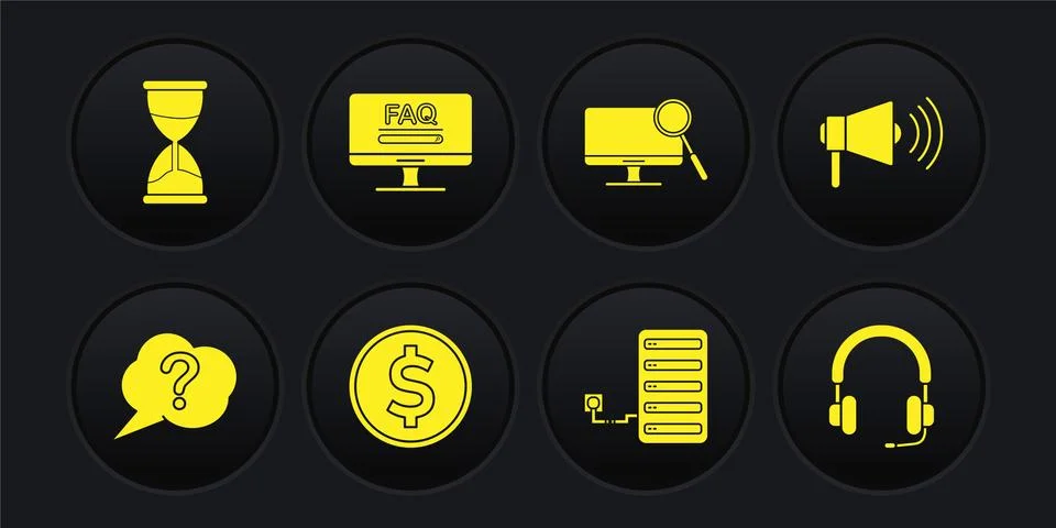 Set Speech bubble Question, Megaphone, Coin money with dollar, Server, Computer Stock Illustration