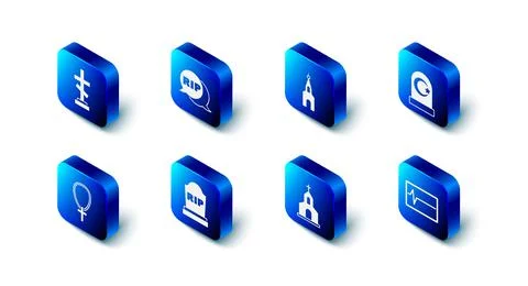 Set Speech bubble rip death, Church building, Muslim cemetery, Beat dead monitor Illustrazione stock