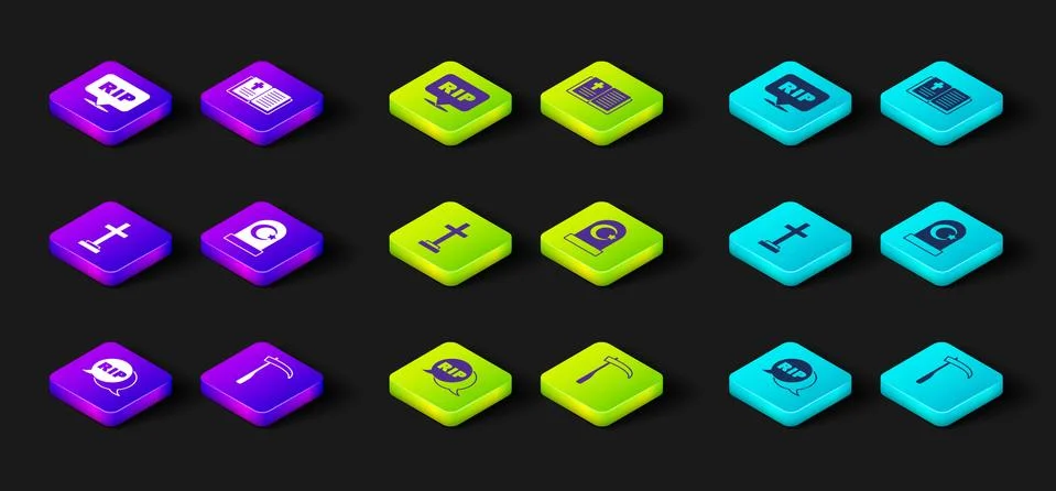 Set Speech bubble rip death, Scythe, Grave with cross, Muslim cemetery, Holy Illustrazione stock